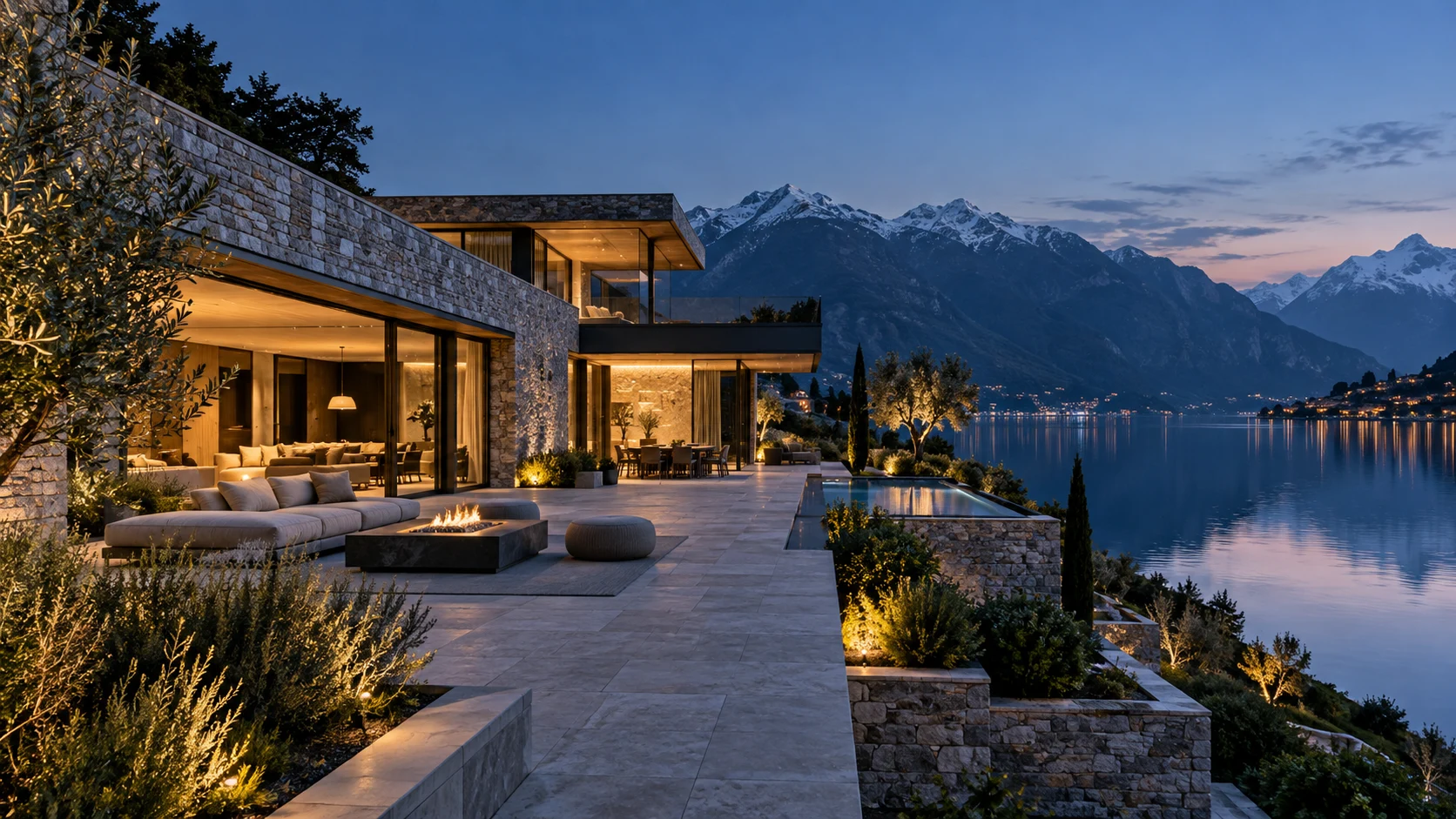 Architectural visualisation of a modern lakeside villa with natural stone, glass and a spacious terrace